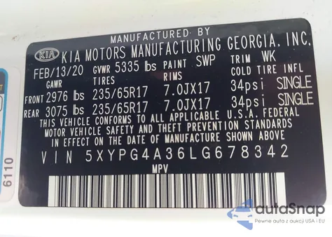 2020 Kia Sorento 2.4L L из США, поврежденный, VIN 5XYPG4A36LG678342